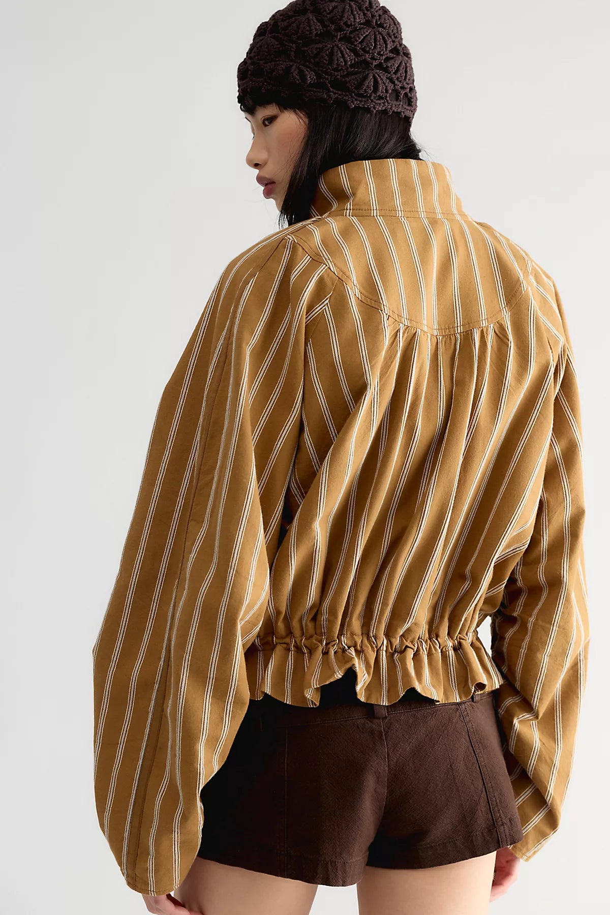 Devon Striped Balloon Funnel-Neck Jacket