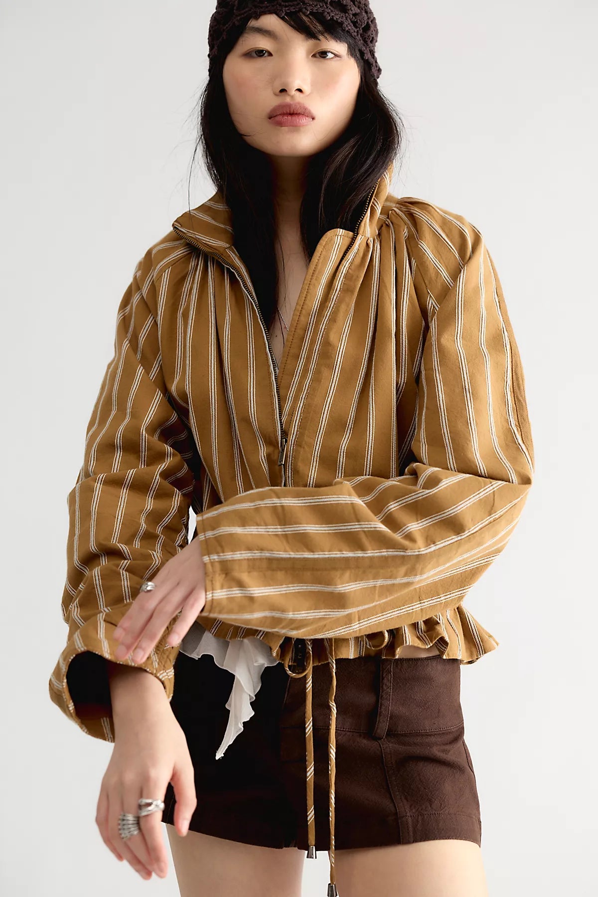 Devon Striped Balloon Funnel-Neck Jacket