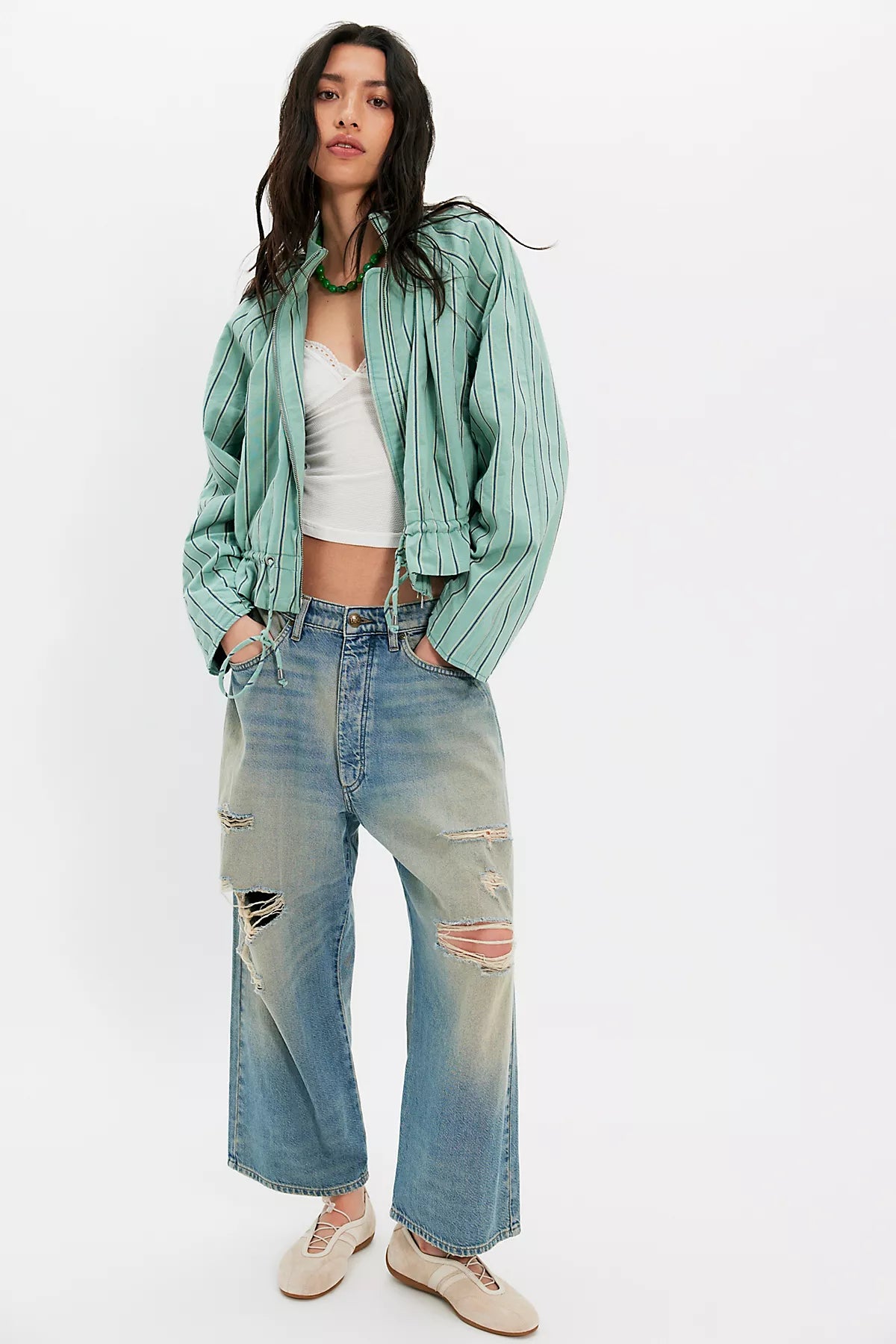 Devon Striped Balloon Funnel-Neck Jacket