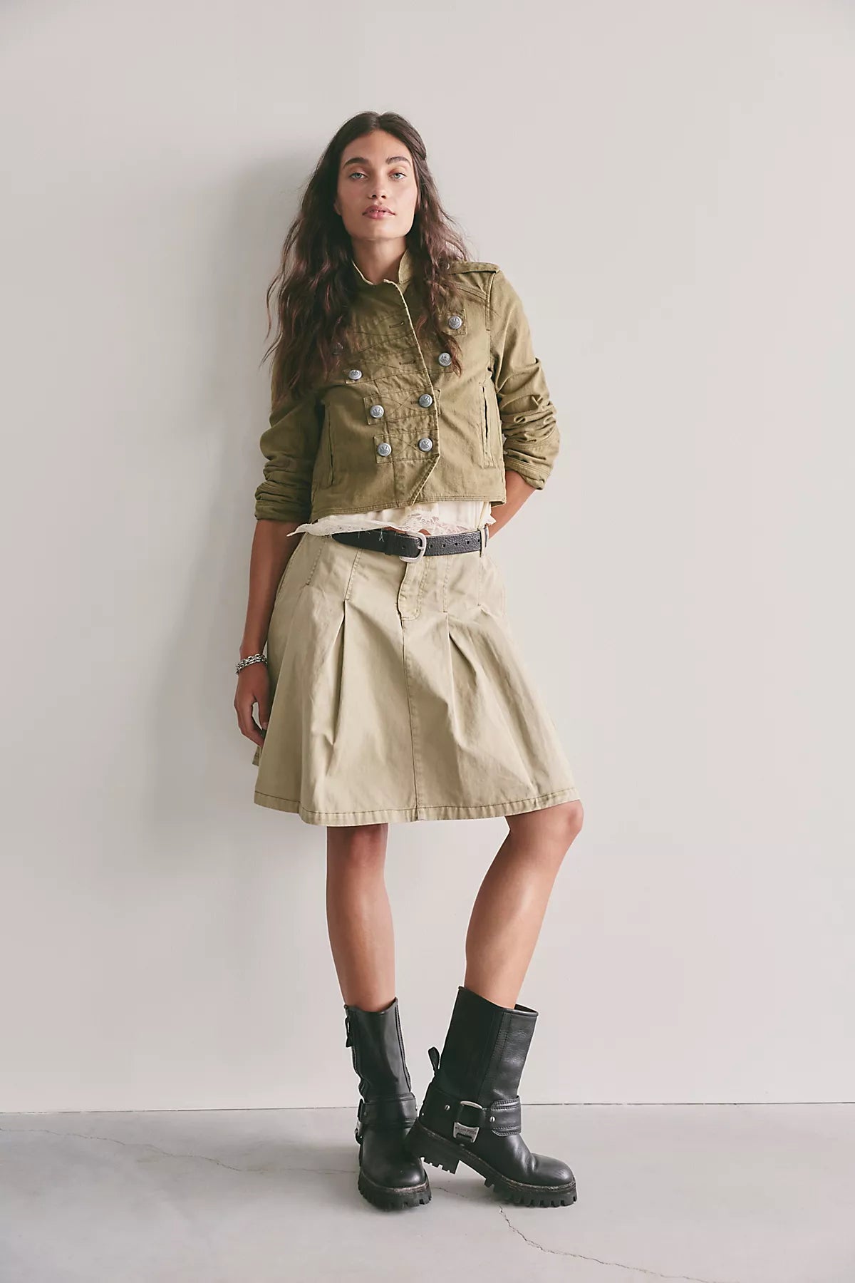Chino Pleated Midi Skirt