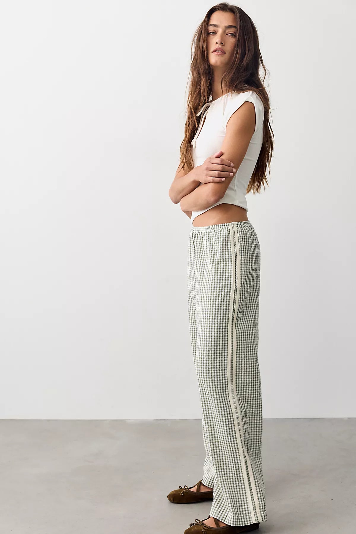 DONNI. The Cotton Gingham Stripe Crop Pants