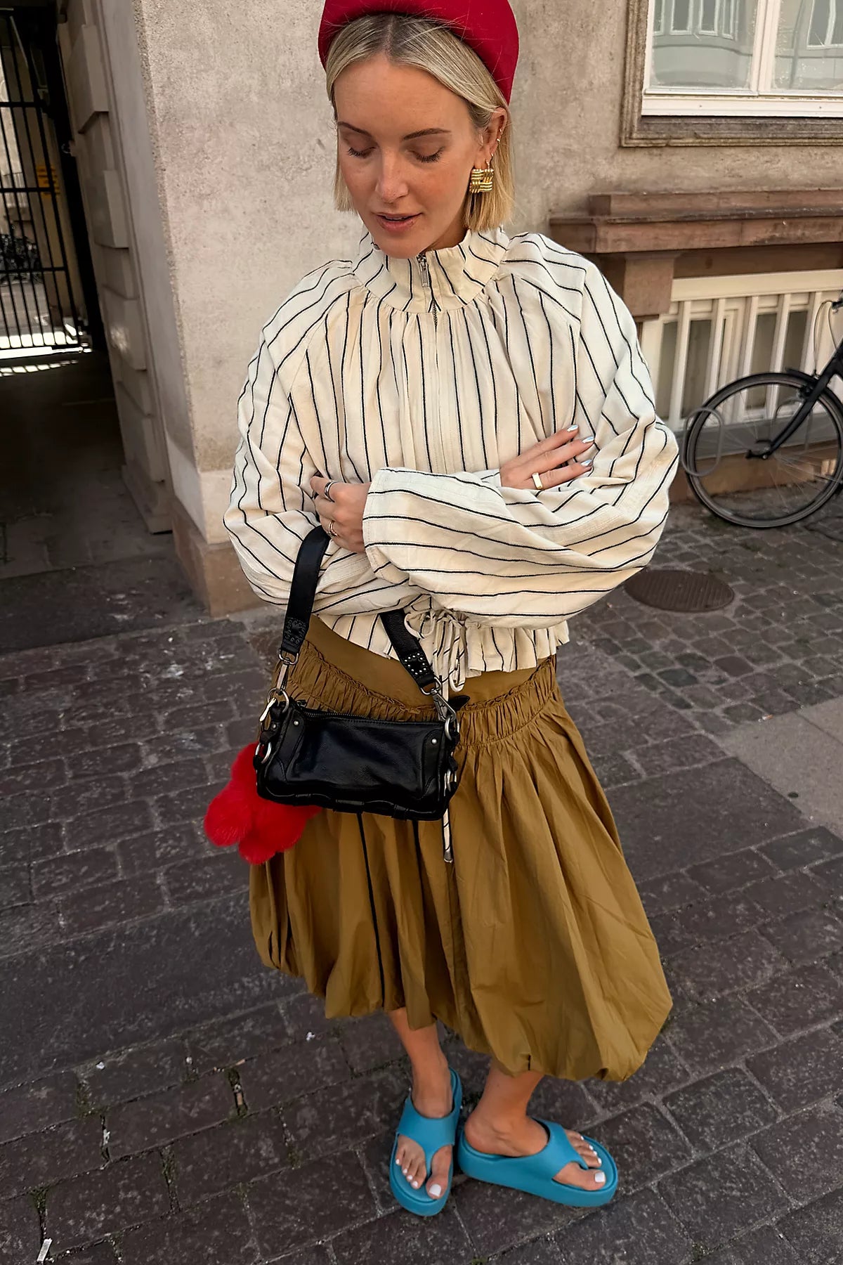 Devon Striped Balloon Funnel-Neck Jacket