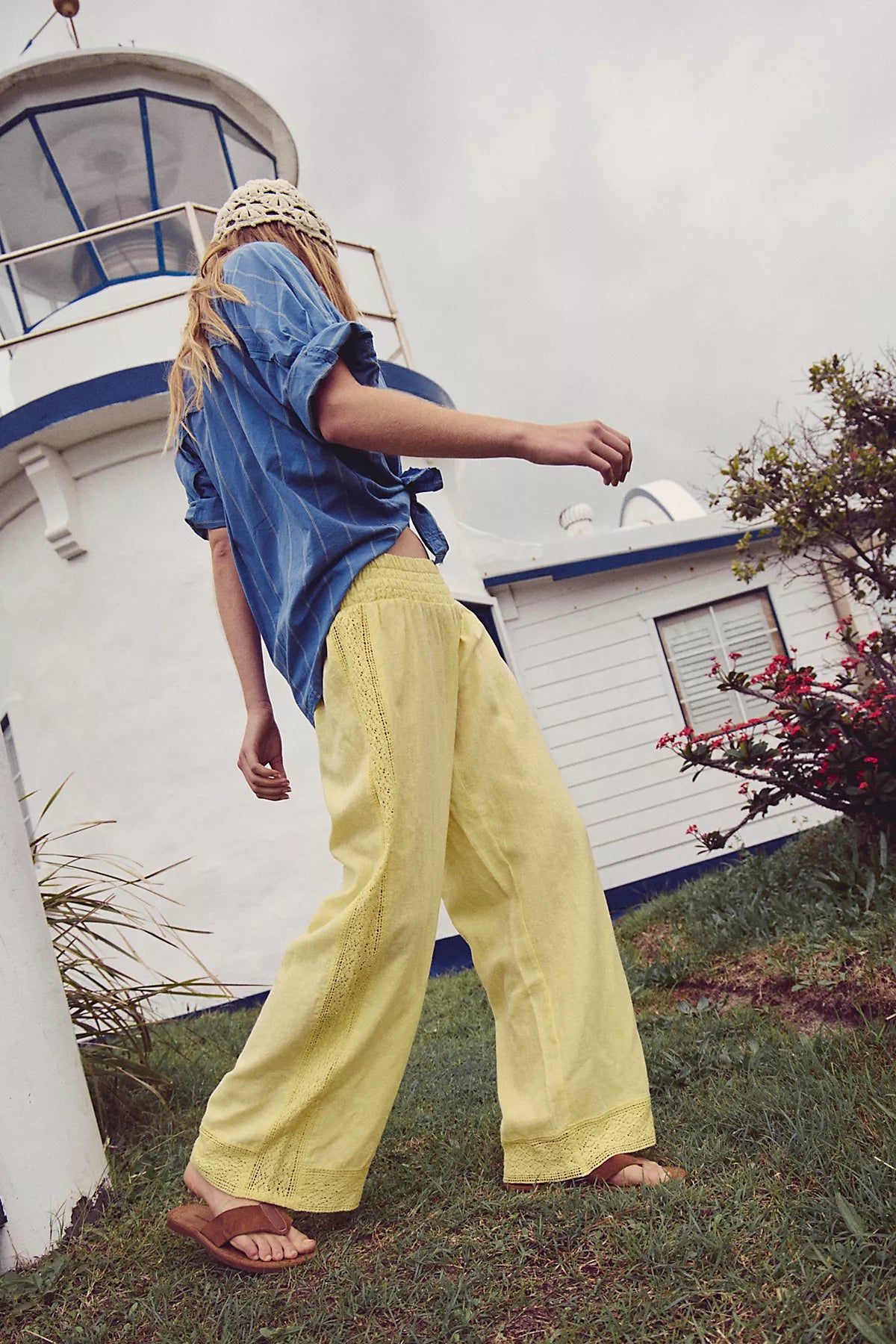 Seaside Cotton-Linen Lace Pants
