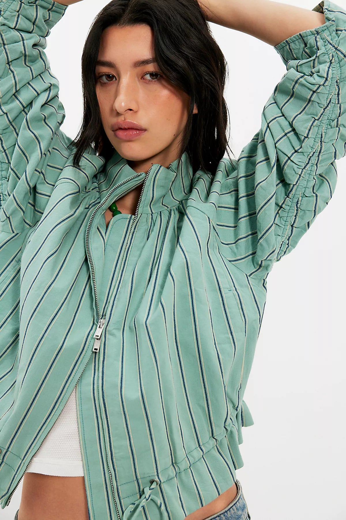 Devon Striped Balloon Funnel-Neck Jacket