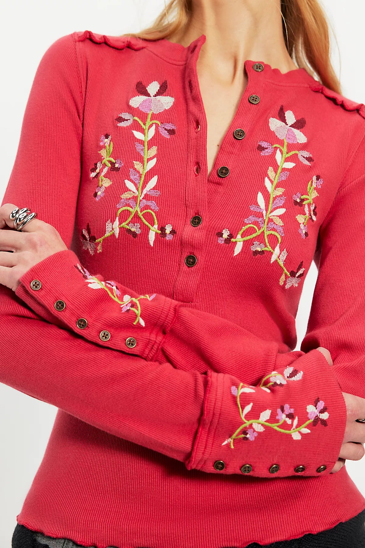 Fleur Embroidered Cuff Henley
