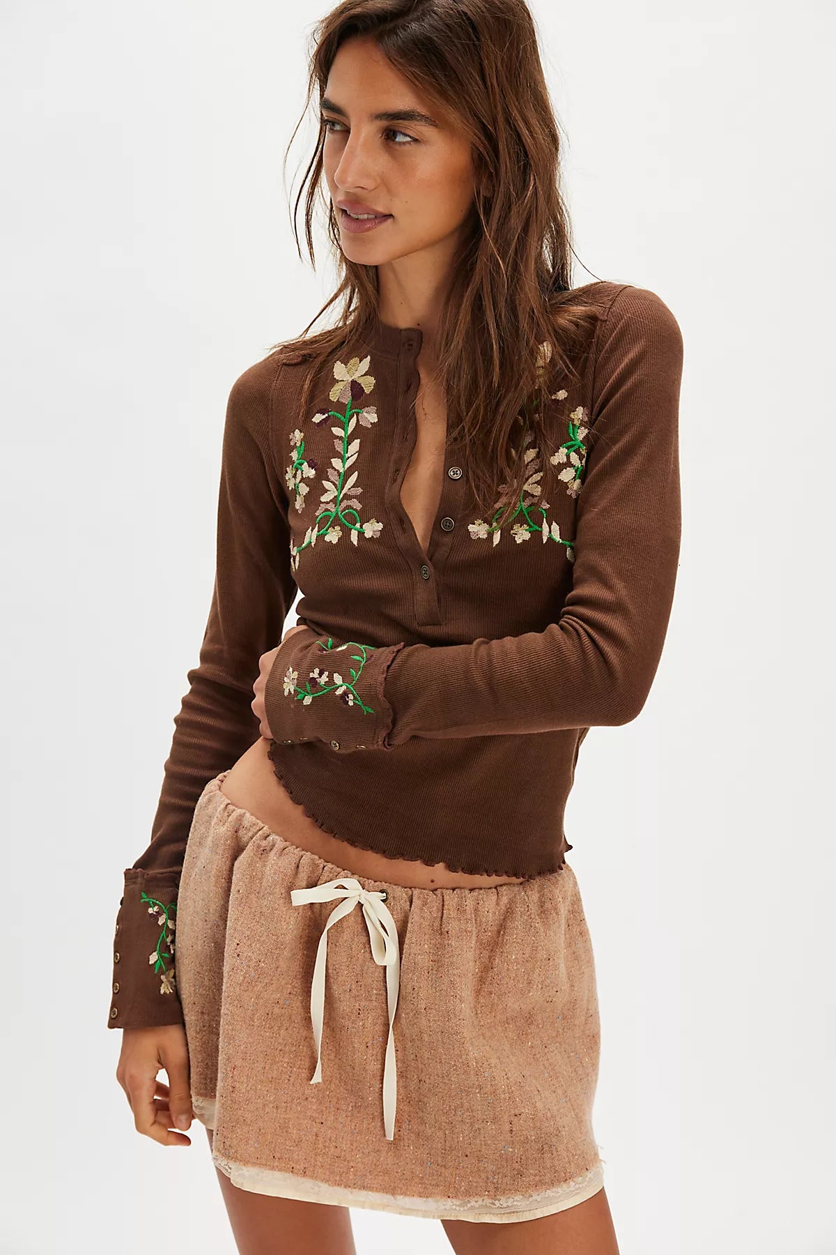 Fleur Embroidered Cuff Henley