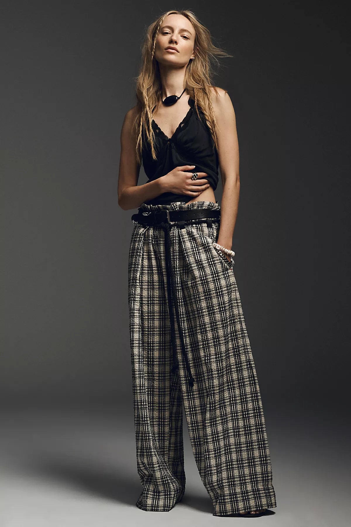 Dimes Tie Plaid Wide-Leg Trousers