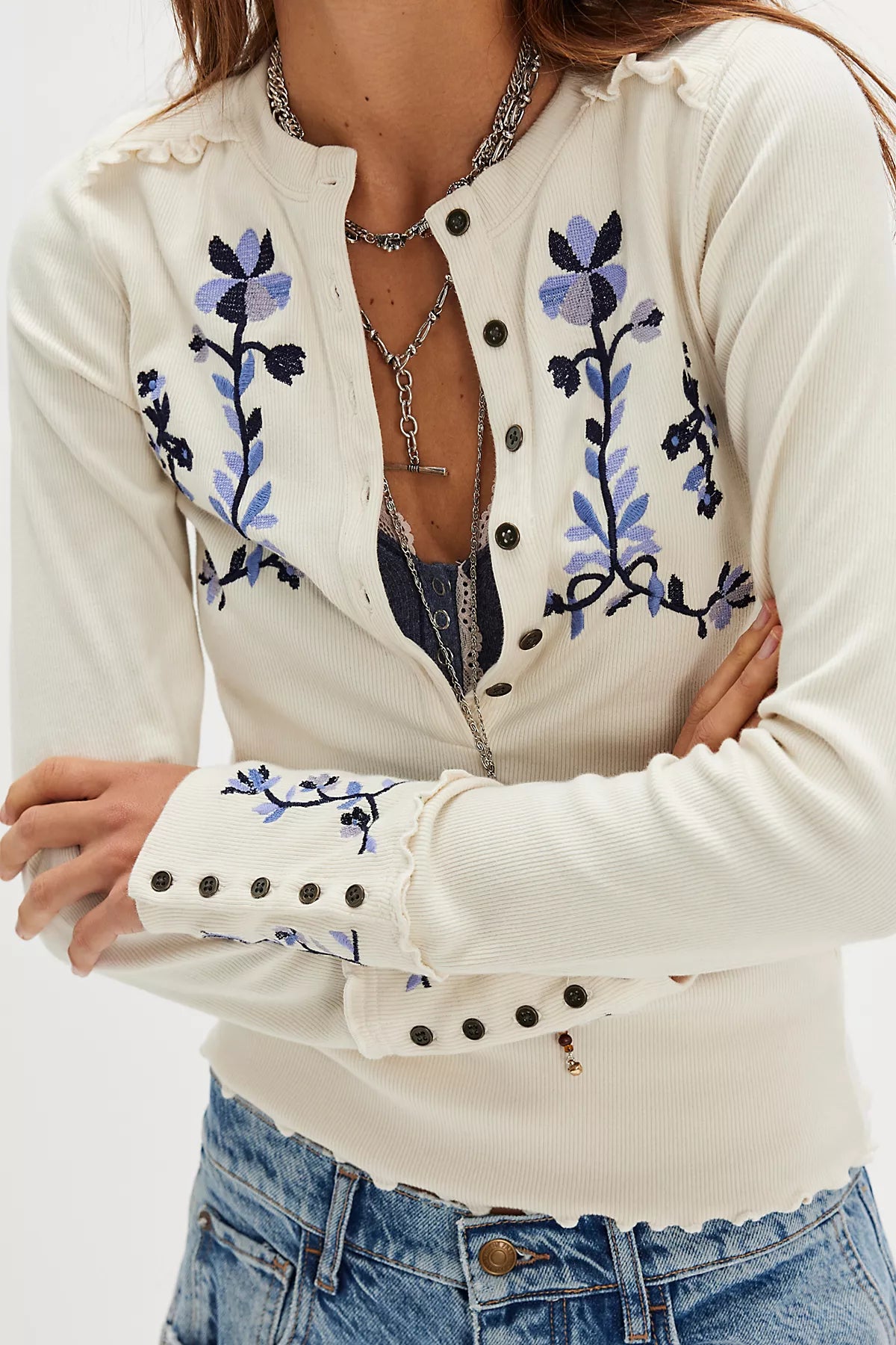 Fleur Embroidered Cuff Henley