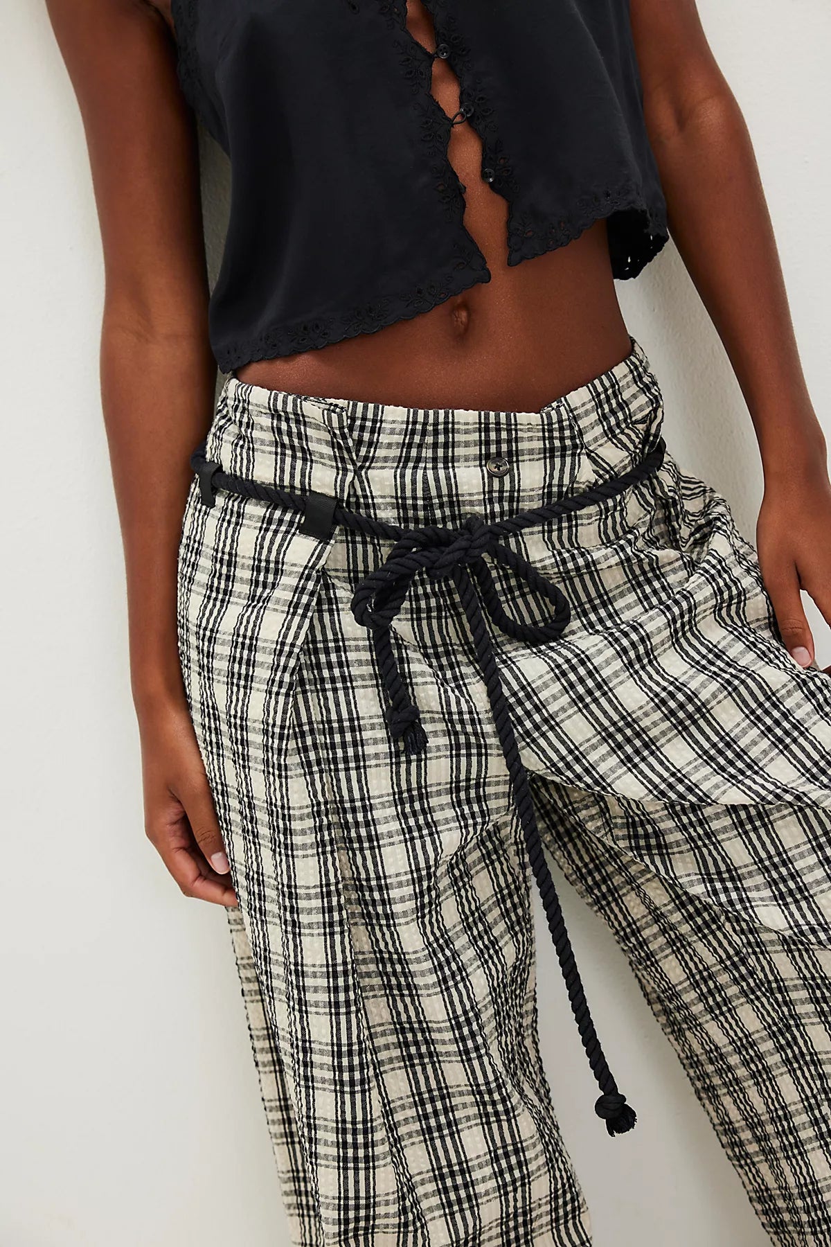Dimes Tie Plaid Wide-Leg Trousers