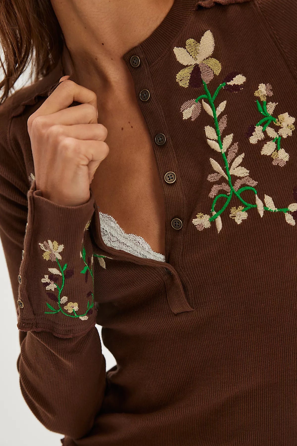 Fleur Embroidered Cuff Henley