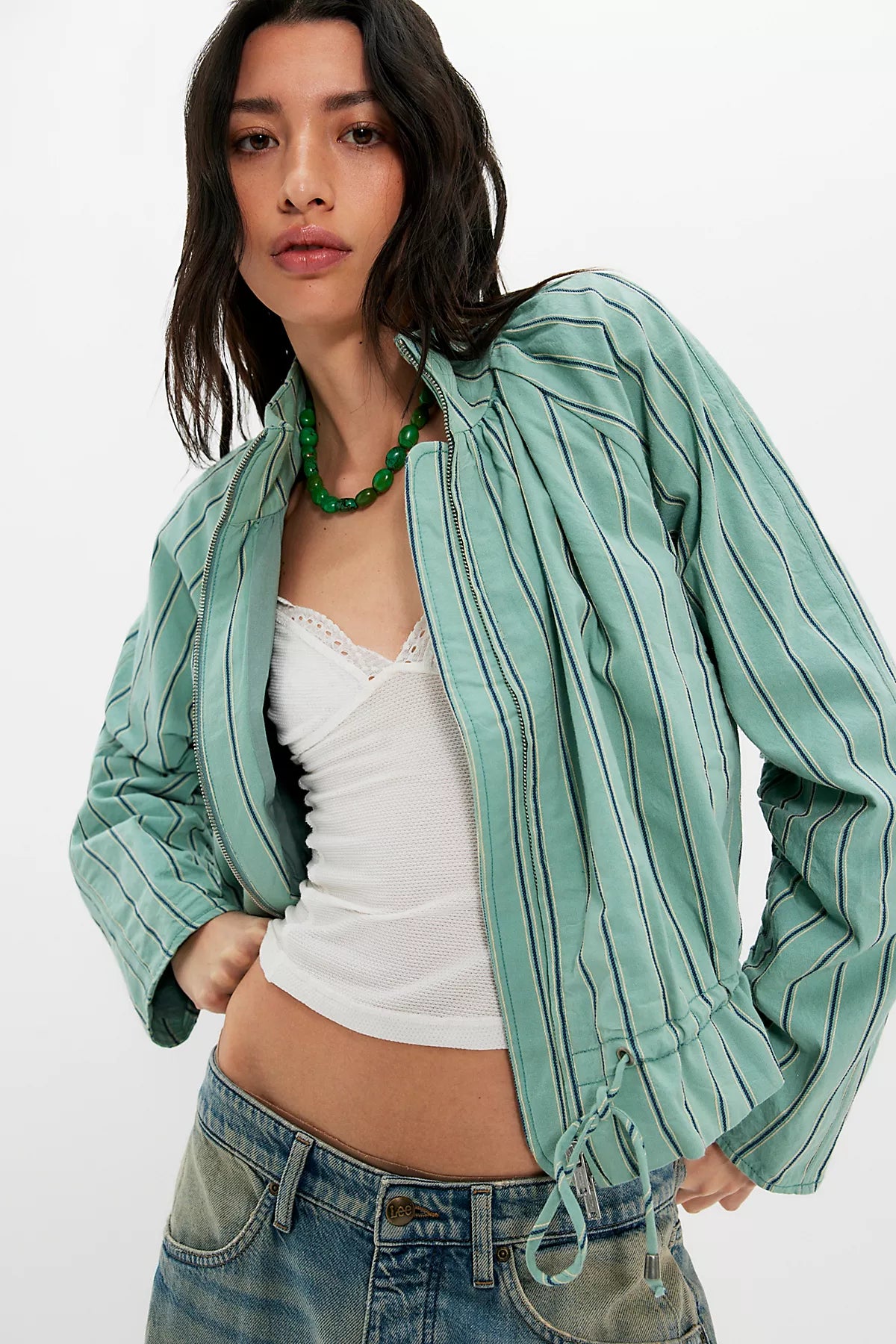 Devon Striped Balloon Funnel-Neck Jacket