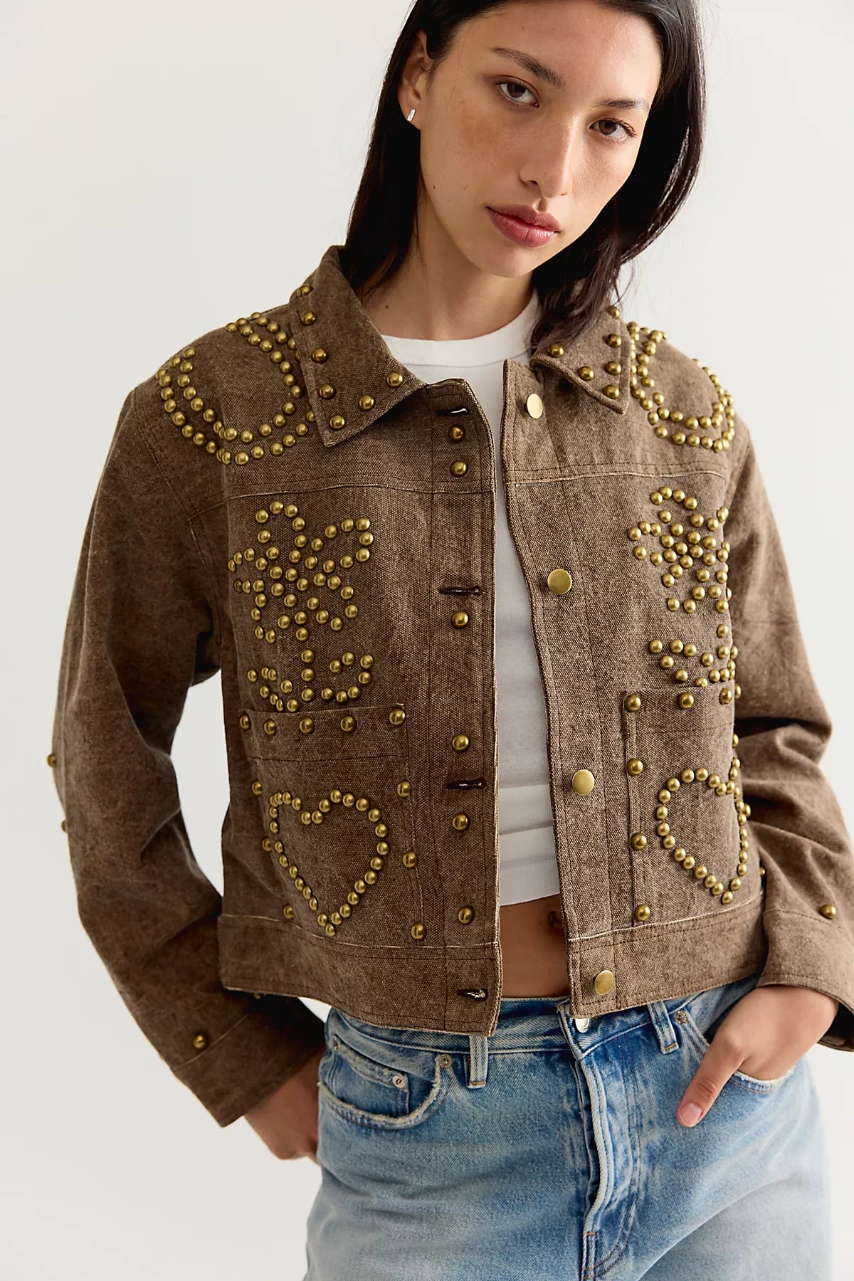 Denim And Bone Brass Hearts Studded Canvas Jacket