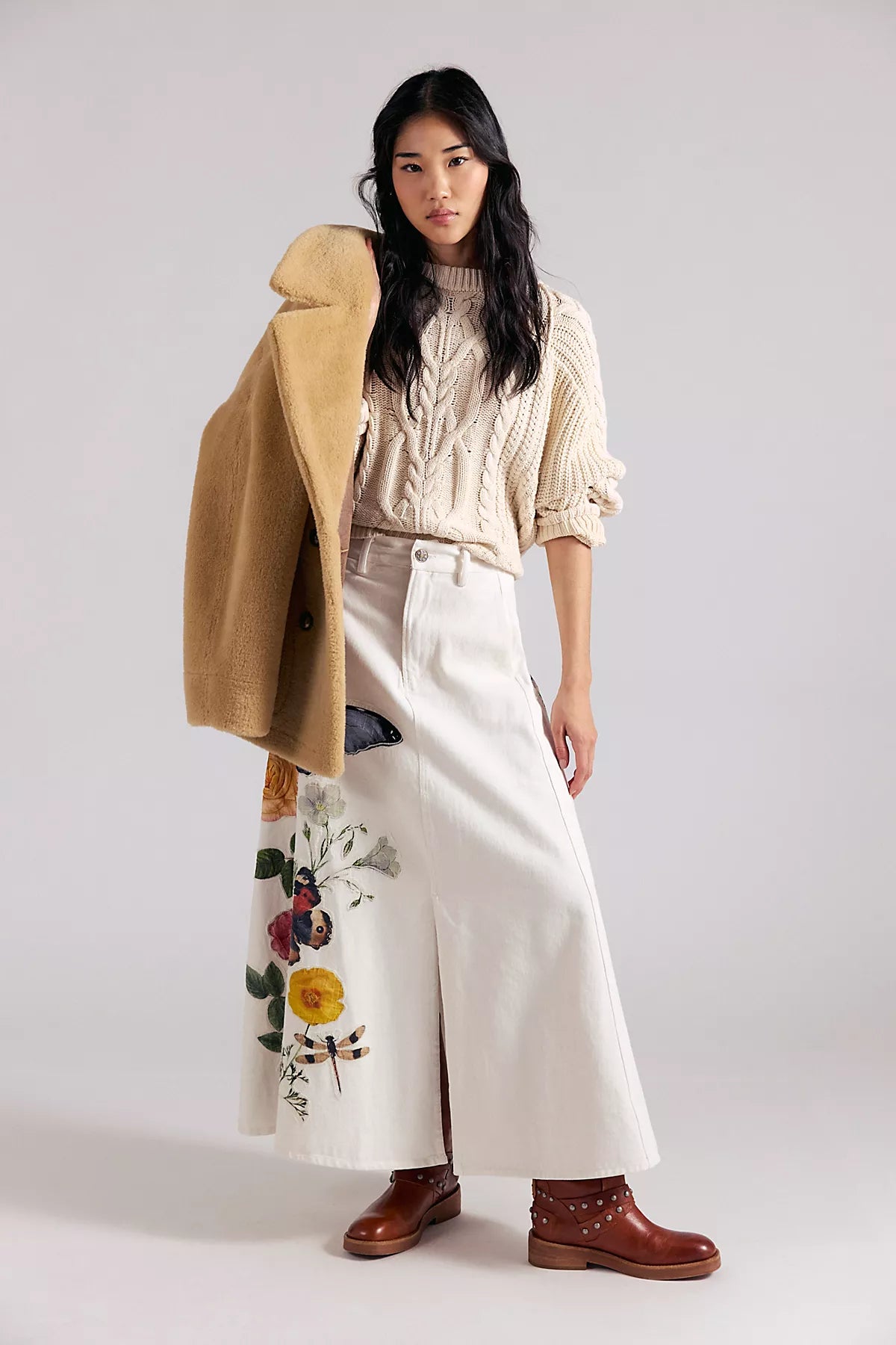 Denim And Bone Floral Denim Maxi Skirt