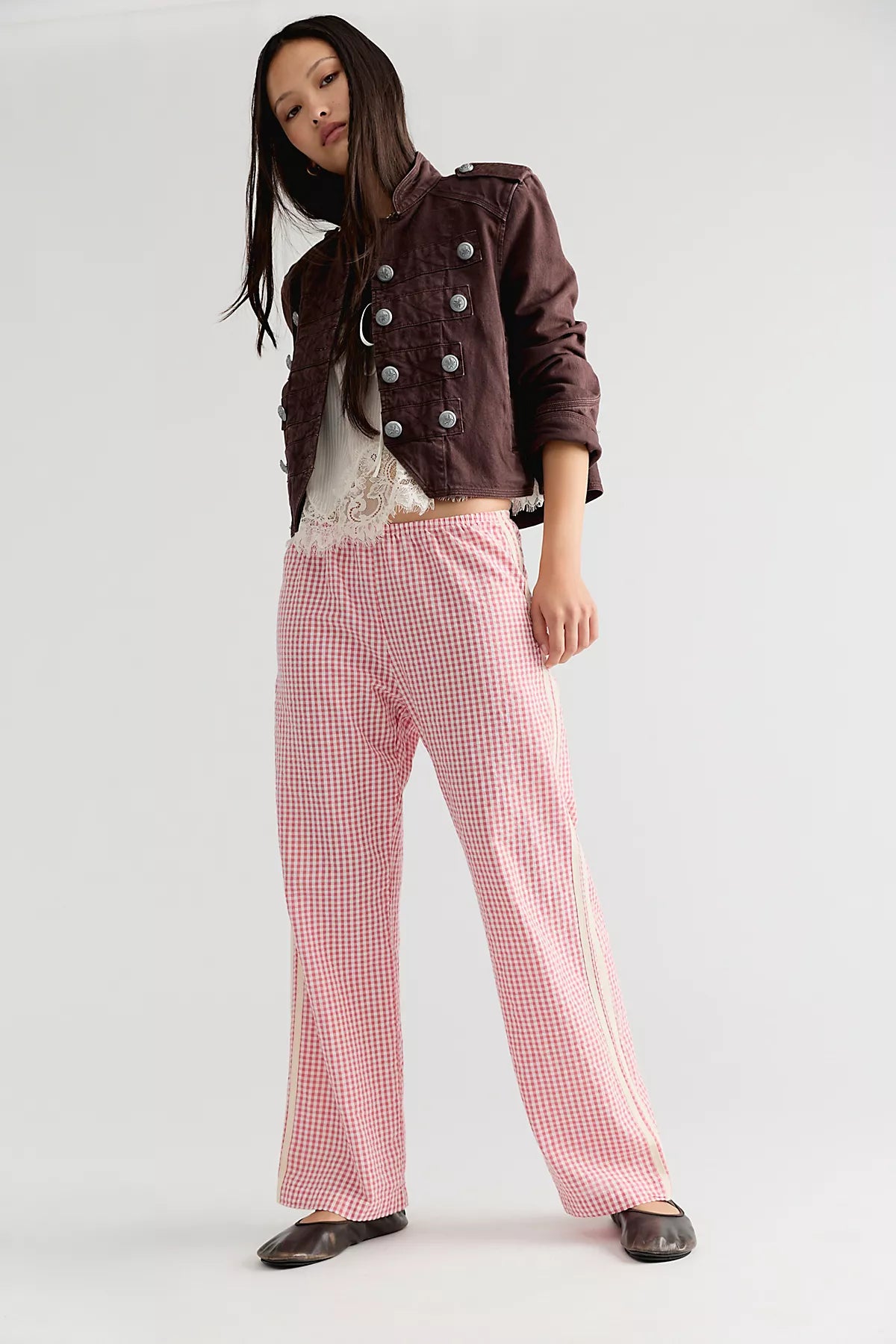 DONNI. The Cotton Gingham Stripe Crop Pants