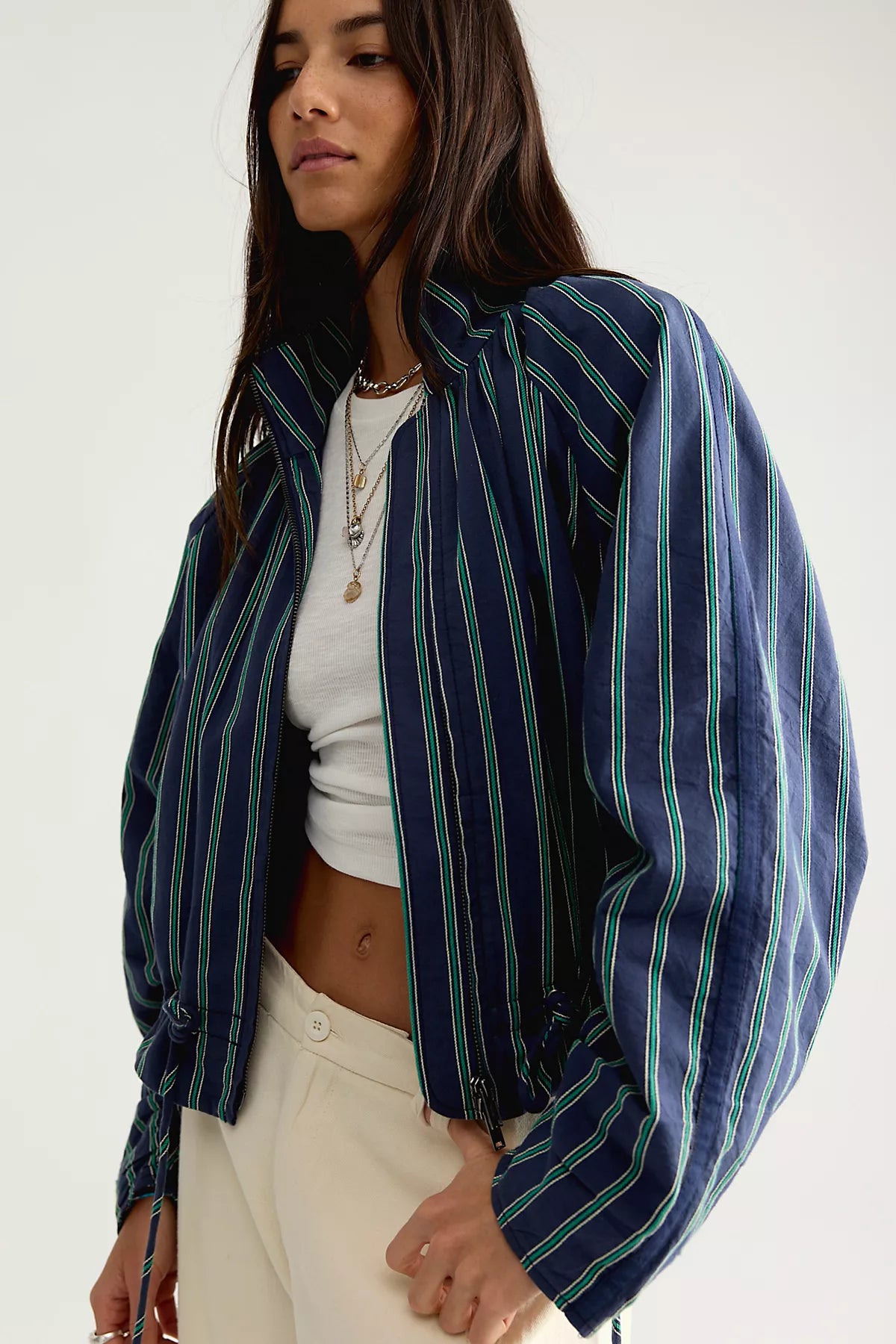 Devon Striped Balloon Funnel-Neck Jacket