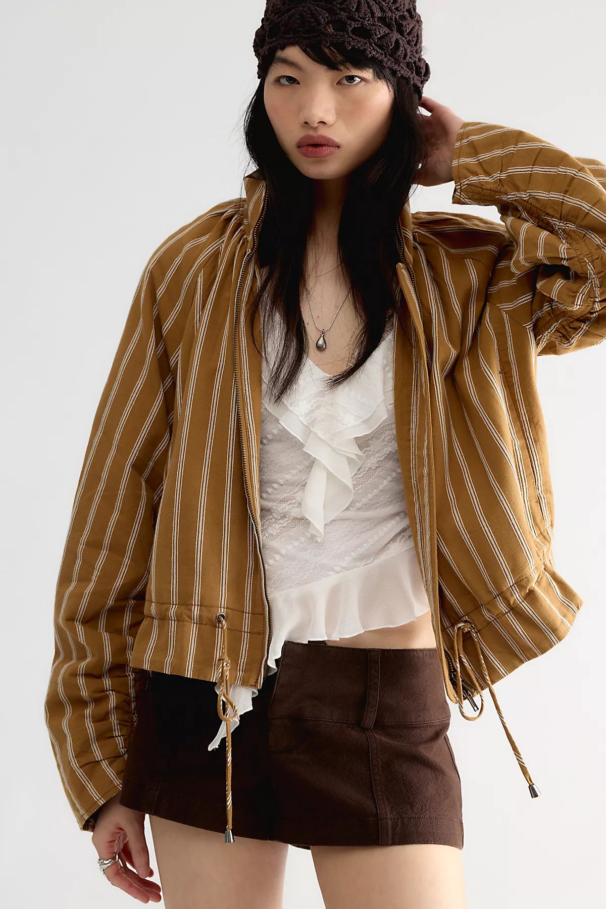 Devon Striped Balloon Funnel-Neck Jacket