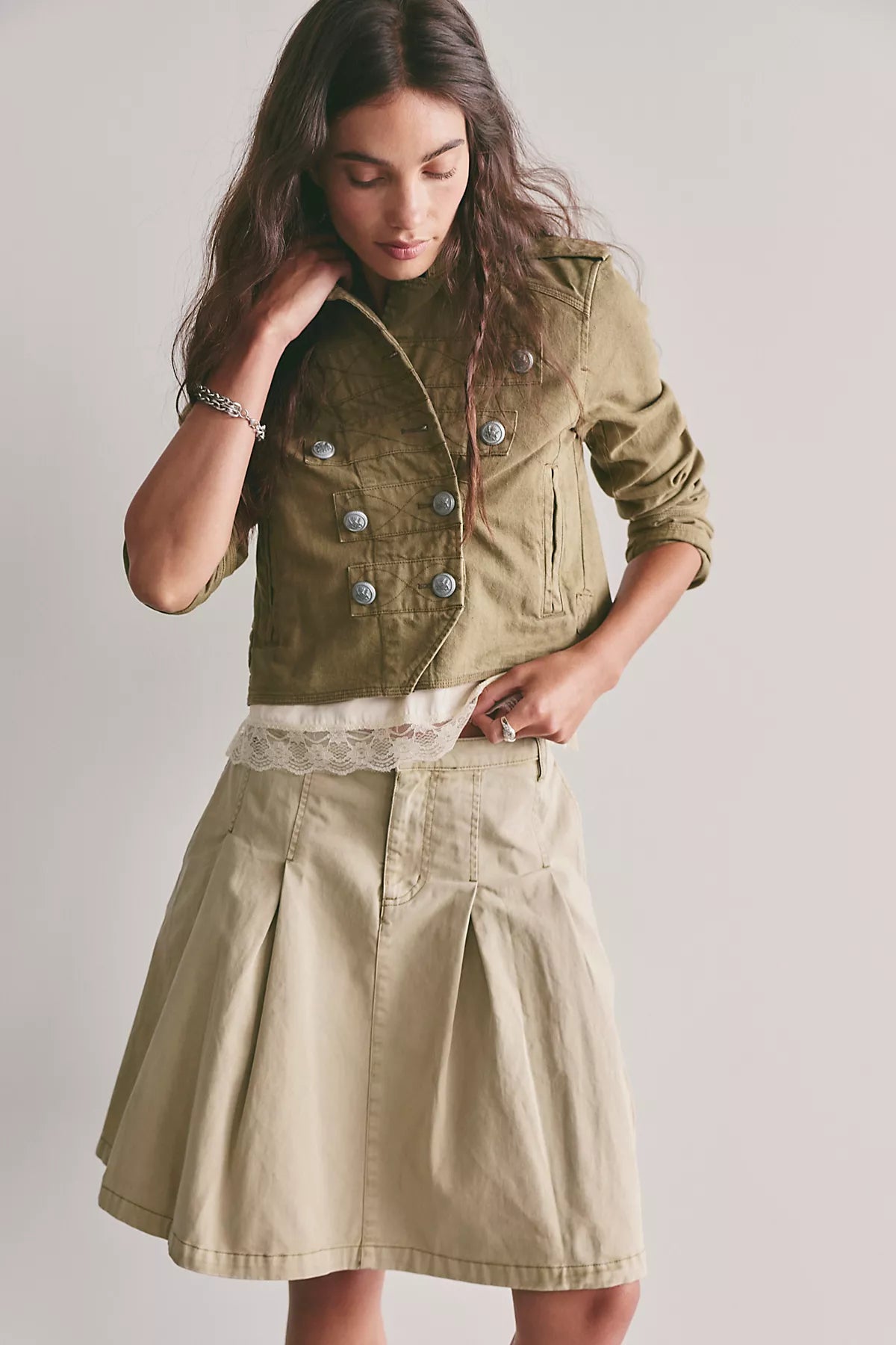 Chino Pleated Midi Skirt